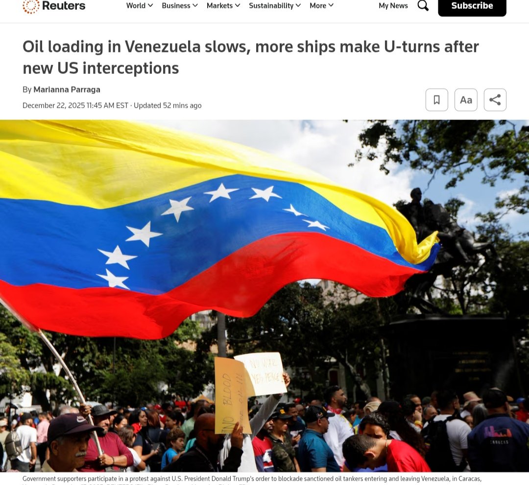 🚨 ¡ÚLTIMA HORA VENEZUELA! 🚨🇻🇪

URGENTE — ¡LO ÚLTIMO! 🇻🇪 🇺🇸
REUTERS:

"La carga de petroleros de Venezuela disminuyó este lunes y los buques están transportando petróleo entre puertos nacionales, sin poderlo sacar de Venezuela".