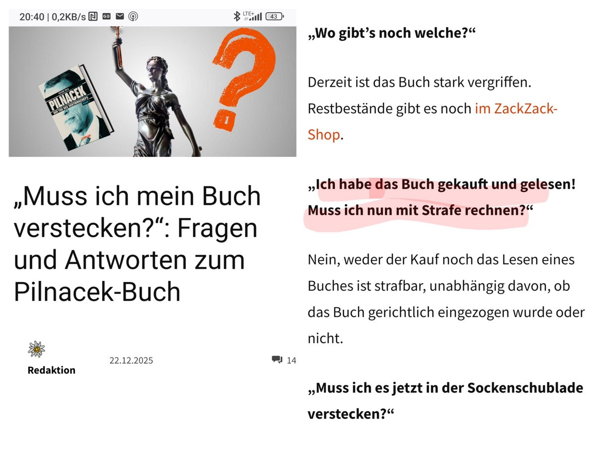 Fragen und Antworten zum <a href="/RedaktionZack/">ZackZack</a> Pilnacek-Buch.  
„Ich habe des Buch gekauft und gelesen? Muss ich mit einer Strafe rechnen?"
Nein, denn wenn du das Buch wirklich gekauft hast, bist du schon genug bestraft. Ich rate dir aber dringend, aus 5 Meter Entfernung gegen eine