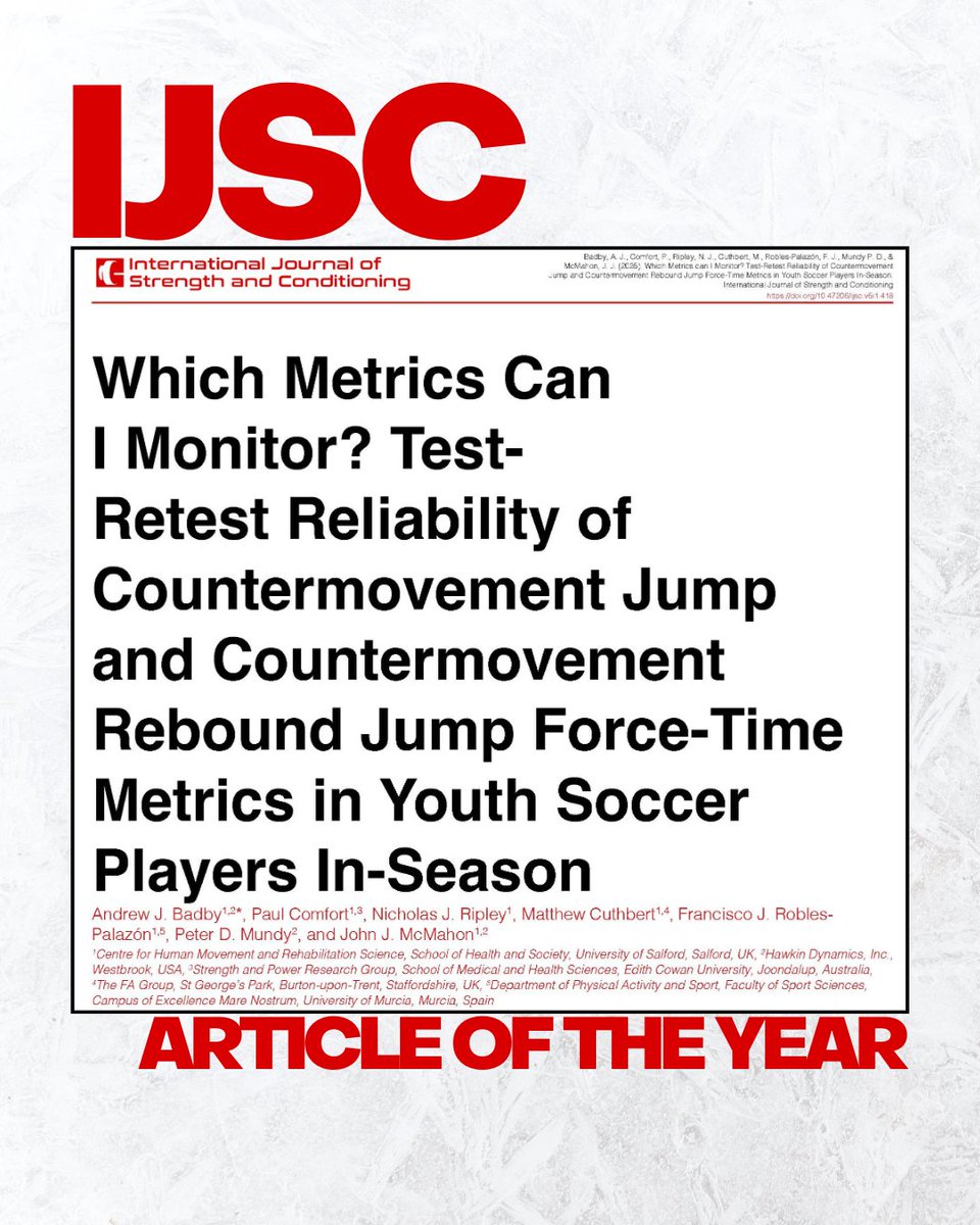 IUSCA's tweet photo. 🏆 IJSC Article of the Year – 2025
We’re delighted to announce that the article of the year in the International Journal of Strength and Conditioning (IJSC), with 5,206 views, is:
“Which Metrics Can I Monitor?
Test-Retest Reliability of Countermovement Jump and Countermovement Rebound Jump Force-Time Metrics in Youth Soccer Players In-Season”
📊 This research provides valuable insights for coaches and practitioners seeking reliable, actionable data for monitoring neuromuscular performance in youth athletes.
✍️ Authored by:
Andrew J. Badby, Paul Comfort, Nicholas J. Ripley, Matthew Cuthbert, Francisco J. Robles-Palaz��n, Peter D. Mundy, and John J. McMahon
💡 A huge thank you to all contributors, reviewers, and readers who continue to support the IJSC: the world’s leading diamond open-access journal in S&C.
🔗 Read the full article for free: https://t.co/w5SwN0otdu