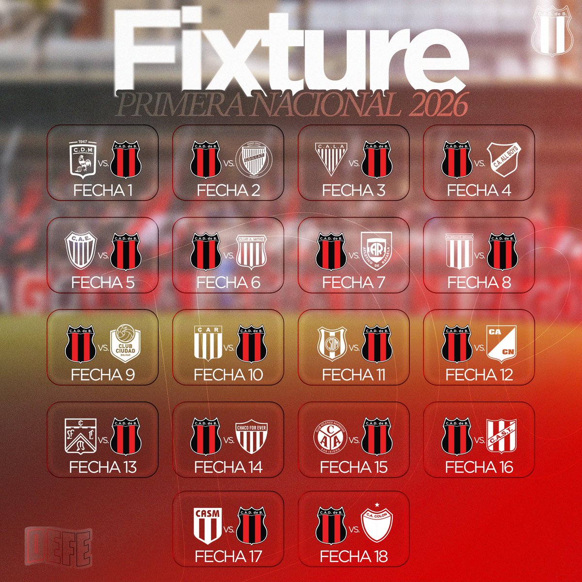 defeweb's tweet image. 👊 SE RENUEVA LA ILUSIÓN

🗓️ Quedó definido el fixture de la Primera Nacional 2026.

ℹ️ Defensores integrará la Zona A, con una fecha interzonal (nº 7) y con inversión de localía en la segunda rueda.

#VamosDragón 🔴⚫️