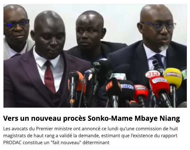 TasOfficiel's tweet photo. Selon SenePlus, citant un avocat d’Ousmane Sonko : « Quand Monsieur Ousmane Sonko s’est retrouvé Premier ministre, le rapport dont on disait qu’il n’existait pas a été porté à sa connaissance. »

En termes clairs et simples, l'opposant Sonko a été incapable d'étayer ses accusations dans les délais prescrits pour en apporter les preuves. Ce qui justifie et légitime sa condamnation. Condamnation confirmée à toutes les instances, où ses avocats et lui avaient largement l'opportunité de soutenir leurs allegations.

Mais voilà : à présent, le ministre de la Justice obéit aux ordres d'Ousmane Sonko. La voilà qui s’emploie à pousser la Cour suprême à se renier.

On verra si le Premier ministre Sonko avait raison de porter des accusations infamantes contre des juges de la Cour suprême, ou si ces derniers sauveront le peu d’apparence qui reste encore à la fiction d’une justice indépendante.