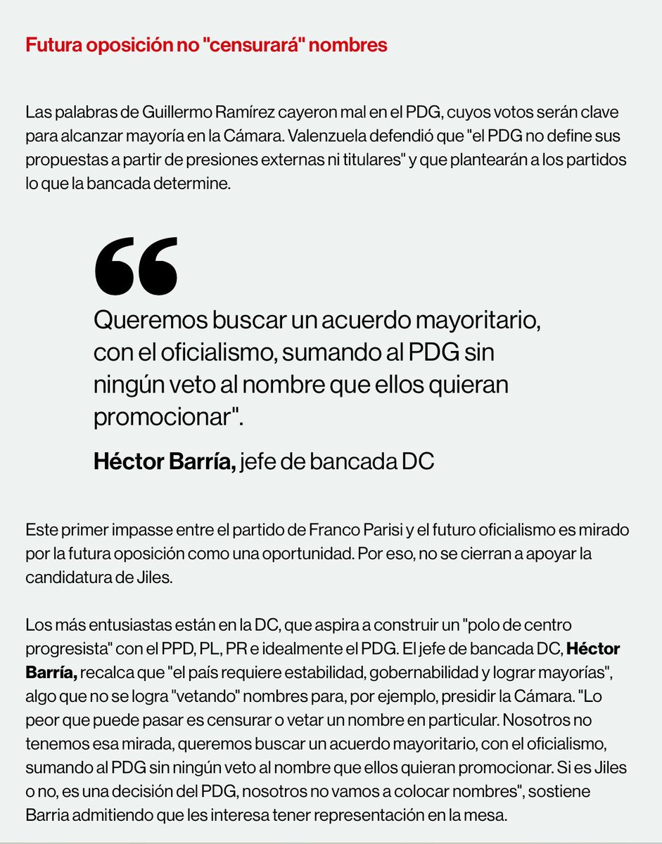 “Queremos buscar un acuerdo mayoritario, con el oficialismo ( oposición desde marzo ) sumando al PDG sin ningún veto al nombre que quieran promocionar” . En relación al pacto administrativo mesa de la <a href="/Camara_cl/">Diputadas y Diputados de Chile</a> 
Hoy en <a href="/La_Segunda/">laSegunda</a>