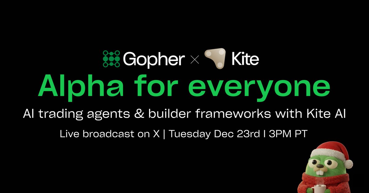 gopher_ai's tweet image. Alpha for Everyone end-of-year broadcast

Tuesday, Dec 23 | 3PM PT on X

Gopher founder @BrendanPlayford joins @GoKiteAI co-founder @scottshics to discuss AI trading agents and the frameworks behind building them.

Don’t miss it!