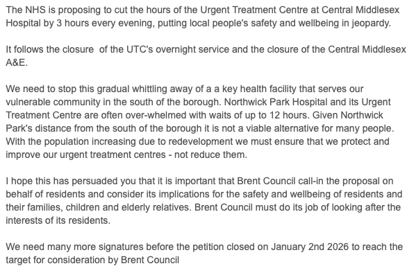 WembleyMatters's tweet photo. URGENT. We need 200+ signatures to validate the petition calling on @Brent_Council to scrutinise proposals to reduce the Urgent Treatment Centre hours at Central Middx Hospital by 3 hours daily putting vulnerable residents at risk. Sign here by Jan 2nd 26 https://t.co/AJWOM9WcLf https://t.co/XwR59YW3FP