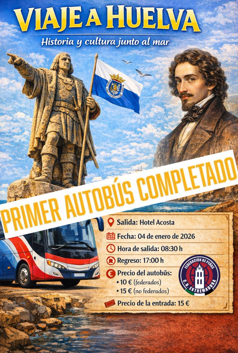 🚌 Primer autobús completo
Abrimos segundo autobús,
👉 saldrá si se completa
¡No te quedes fuera y vente a Huelva! ⚽🔥❤️💙