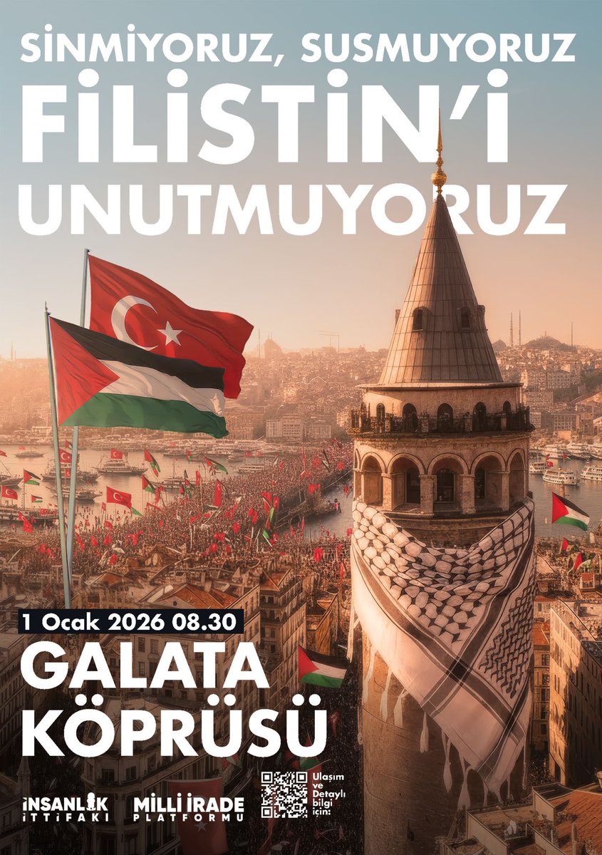 Sinmiyoruz, susmuyoruz, 
Filistin’i unutmuyoruz! 

Yeni yılın ilk günü Galata Köprüsü’nde buluşuyoruz!

📍 Galata Köprüsü
🗓 1 Ocak 2026
⏰ 08.30

#1ocaktagalatada