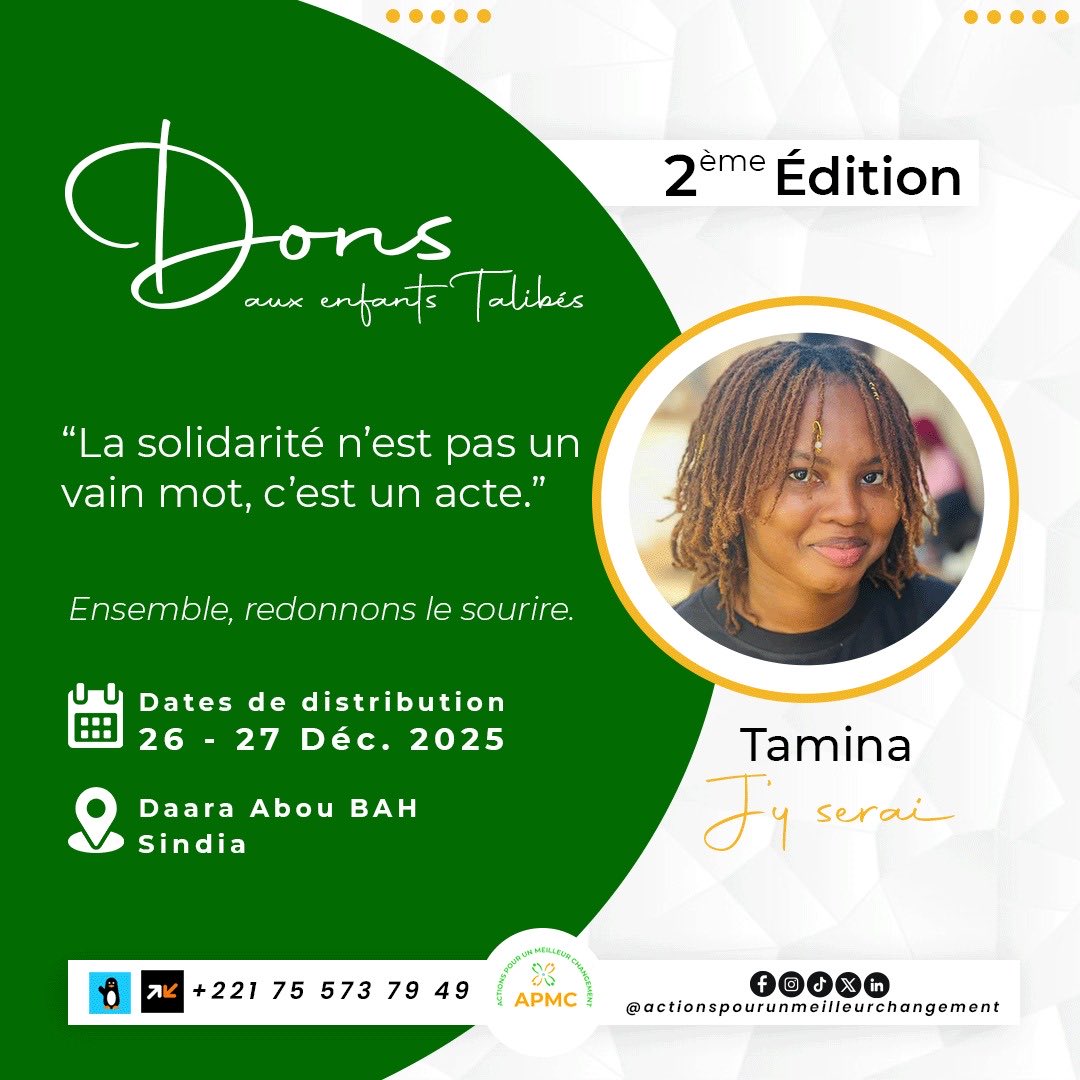 Actionengage's tweet photo. Dons aux enfants talibés – 2ᵉ édition ✨

Parce que la solidarité n’est pas qu’un mot, c’est un acte.

Les 26 &amp; 27 décembre 2025, au Daara Abou BAH (Sindia), nous serons aux côtés des enfants talibés pour leur redonner le sourire.

👉🏽 Nous y serons ! Et vous ? https://t.co/Qfn2ntwmHQ