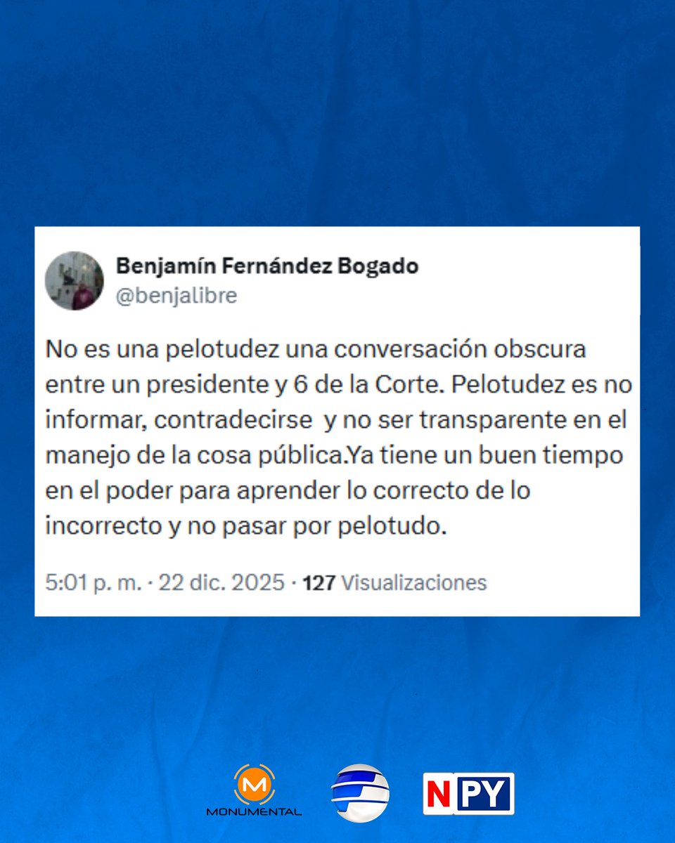 🔸 El comunicador Benjamín Fernández Bogado sostiene que "no es una pelotudez una conversación obscura entre un presidente y 6 de la Corte", pero sin embargo sí lo es "no informar, contradecirse y no ser transparente en el manejo de la cosa pública".

#Comunidad1080 📻