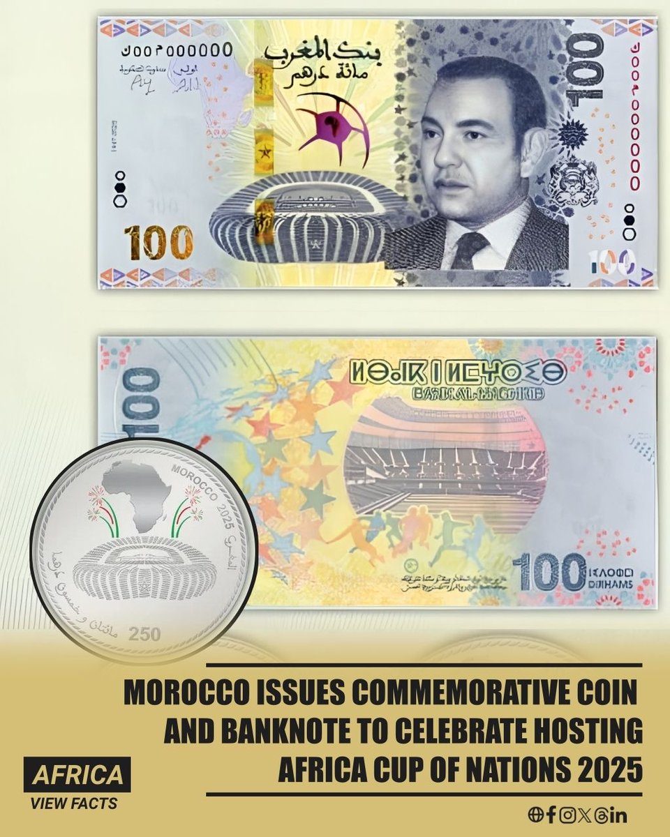 Bank Al Maghrib, the central bank of Morocco 🇲🇦, has issued a special 250  dirham silver coin and a special 100 dirham commemorative banknote to  celebrate the country hosting Africa Cup of
