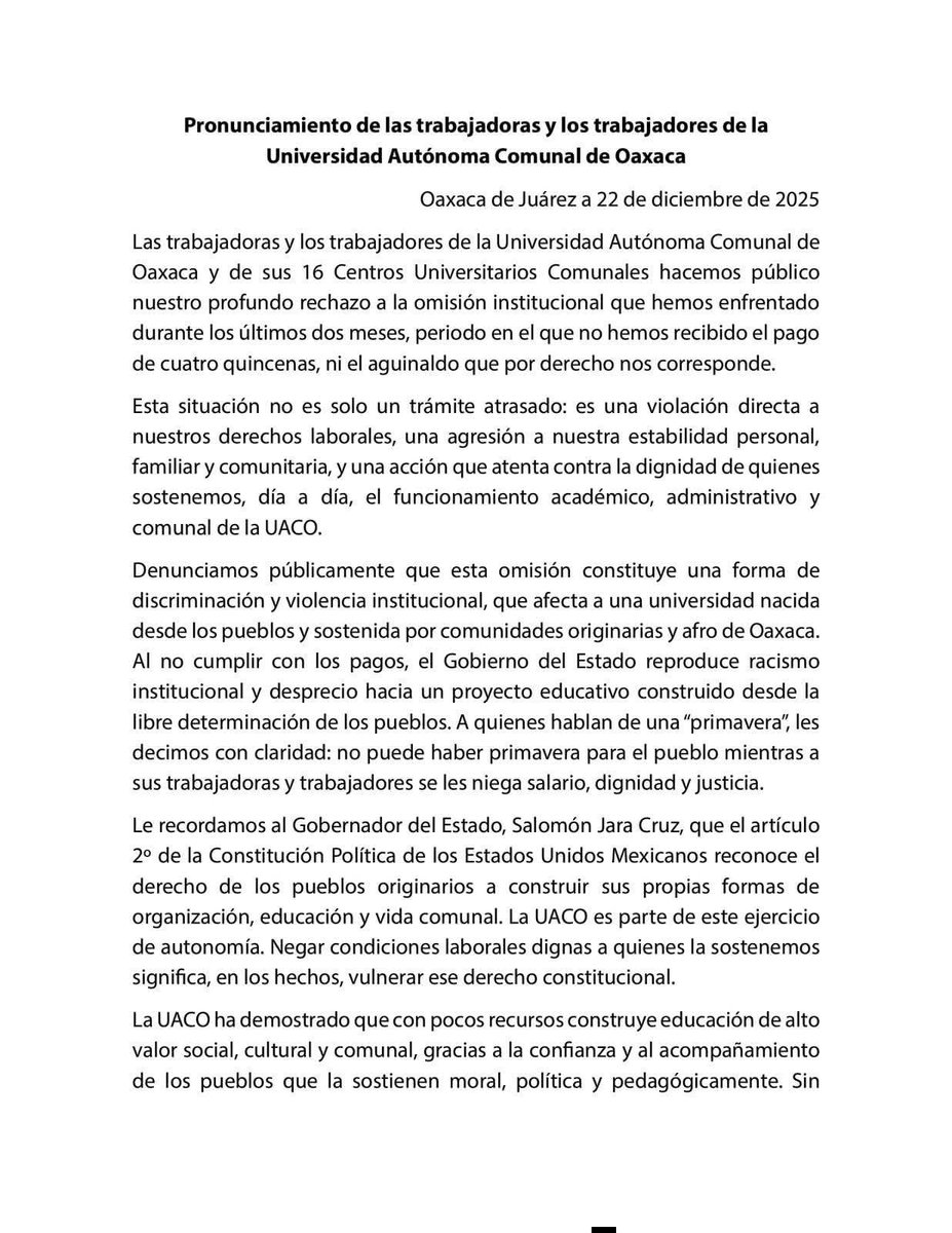 MartinVargasMX's tweet photo. En la manifestación #UACO, expresaron que esta omisión constituye una forma de discriminación y violencia institucional que afecta a una universidad nacida desde los pueblos y sostenida por comunidades originarias y afro de #Oaxaca. https://t.co/LdNF2E3luW