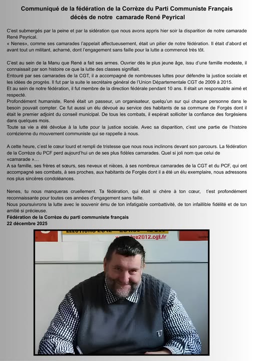 Communiqué de la Fédération de la Corrèze du PCF - Parti Communiste Français suite au décès de notre camarade et ami René Peyrical