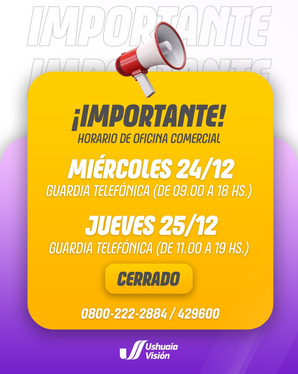 Tomá nota de nuestras guardias telefónicas y recordá que la oficina comercial permanecerá cerrada en estas fechas.

📞 Consultas telefónicas:
Miércoles 24/12 de 9 a 18 hs.
Jueves 25/12 de 11 a 19 hs.

¡Gracias por tu comprensión y felices fiestas! 💜