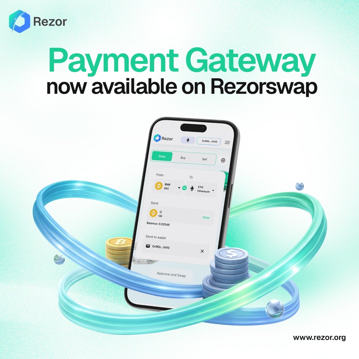 Rezor_Official's tweet image. 🚀 Payment Gateway is now LIVE on RezorSwap!

Buy crypto seamlessly and swap across chains with ease.
Now supporting cross-chain swaps on Arbitrum &amp;amp; Sonic blockchain alongside existing networks.

🔗 Faster. Simpler. Borderless.
🌐 rezorswap.com
