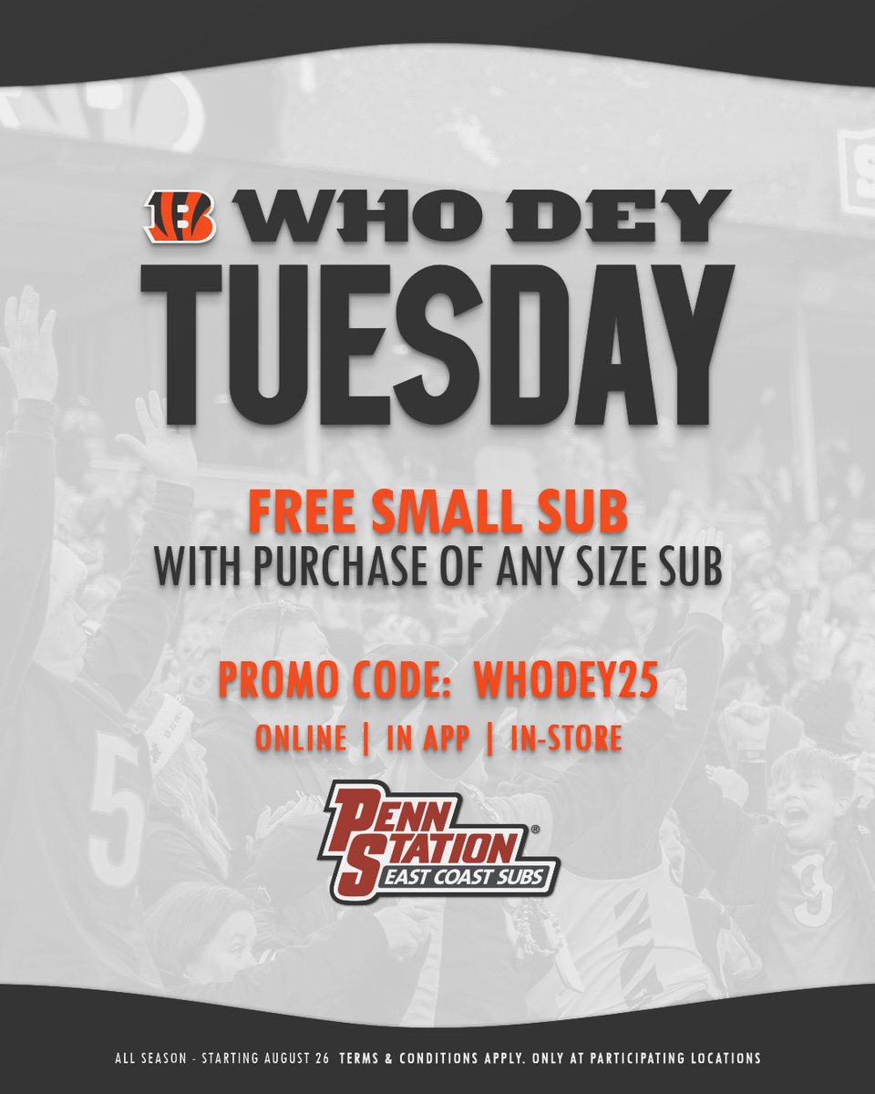It's Who Dey Tuesday ‼️
Head to @PennStationSubs today for a free small sub with the purchase of any size sub!