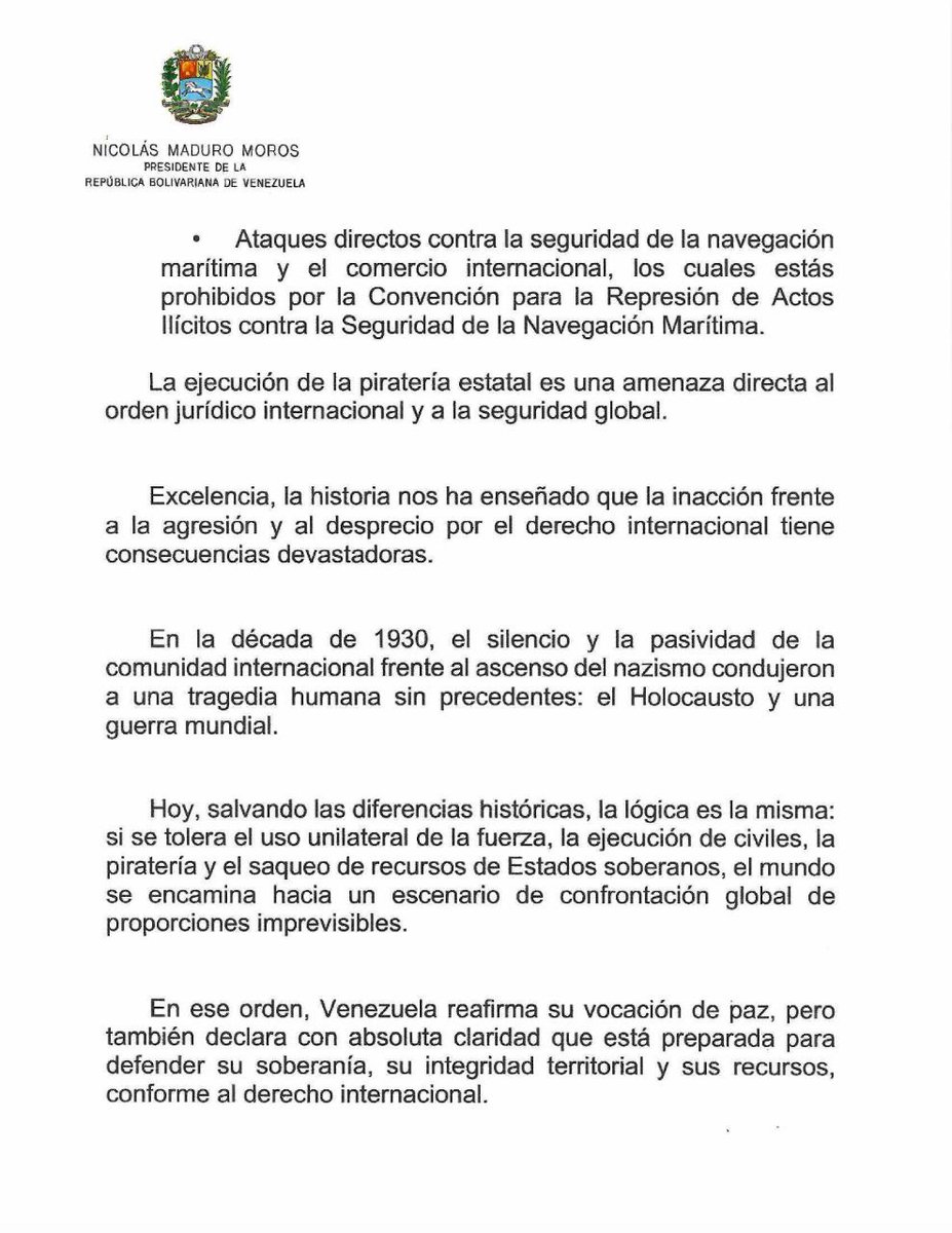 🚨 ¡URGENTE! El Caribe bajo ataque, la Paz en riesgo 🚨

El Presidente <a href="/NicolasMaduro/">Nicolás Maduro</a> dirige una carta URGENTE a los líderes de Latinoamérica y el Caribe. EEUU está cometiendo actos de piratería y ejecuciones extrajudiciales en nuestro Mar Caribe, violando la Zona de Paz de la