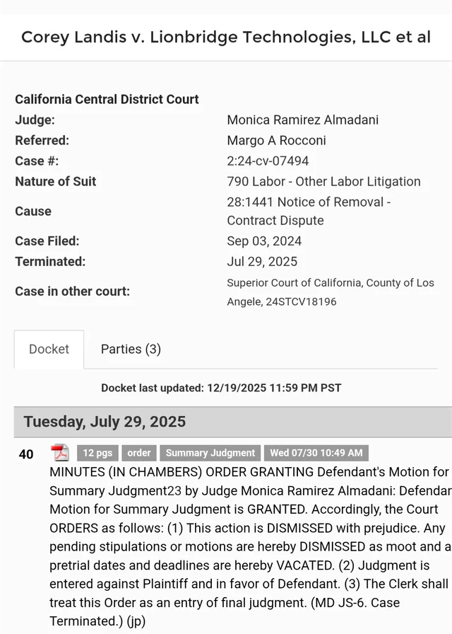 This was posted on Reddit but since Corey Landis failed to add this part, thought I'd just mention it so that people are aware that there's always more context that we aren't privvy to.

TLDR: Contract Dispute Lawsuit with rocket sound got dismissed in 07/2025