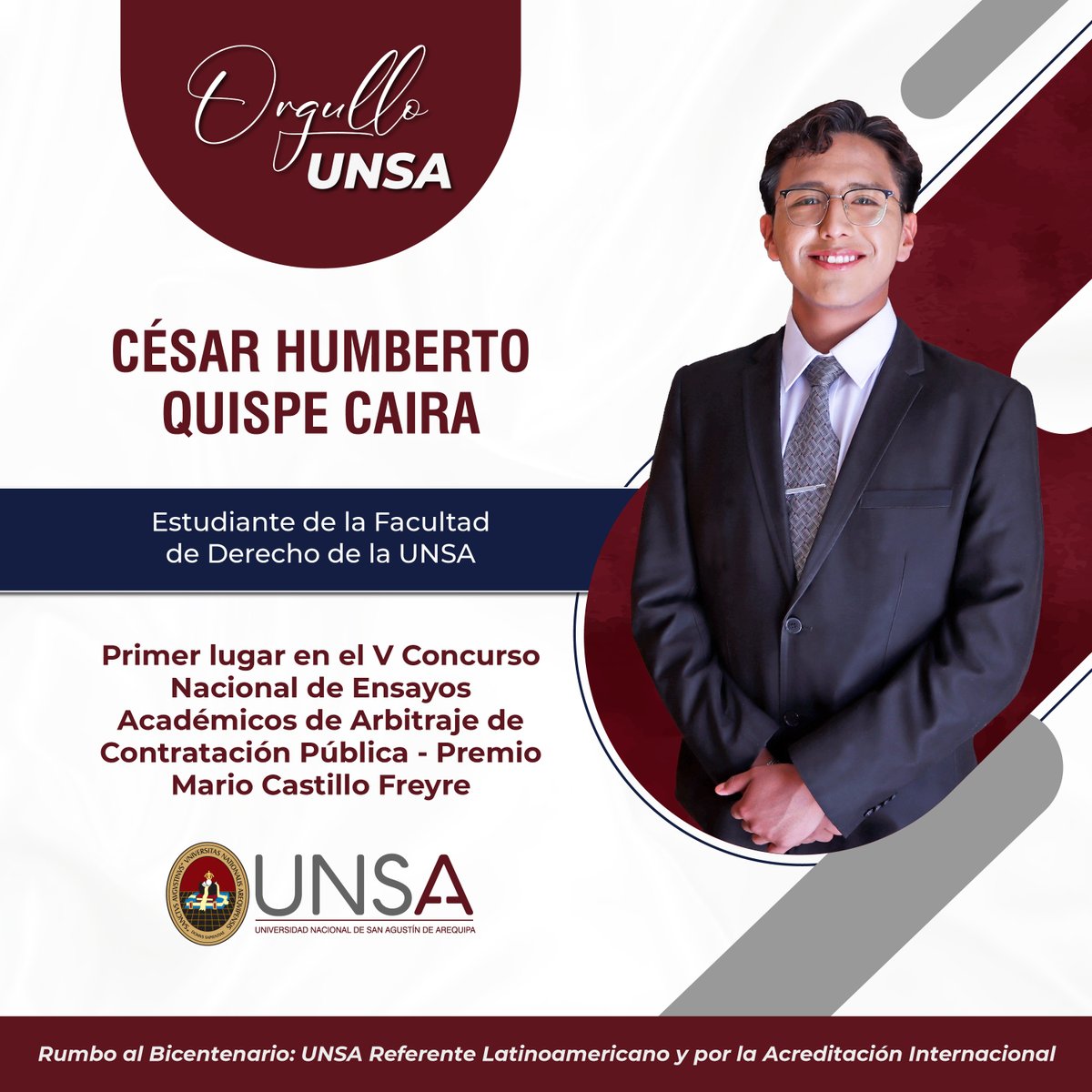 ➡️ Humberto Quispe Caira, estudiante de la Facultad de Derecho de la #UNSA, obtuvo el primer lugar en el V Concurso Nacional de Ensayos Académicos de Arbitraje en Contratación Pública – Premio Mario Castillo Freyre.

👉 acortar.link/FA2BSd