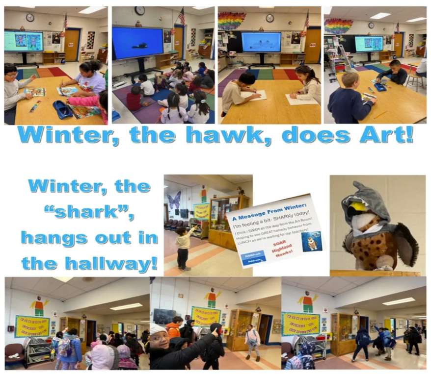 OlaughlinK's tweet photo. Winter is a Highland Hawk that has been hanging out in different learning spaces and reporting  students who are SOAR’ing to success! He is famous here at HES- stop by after break to see if you spot him! @MCPS https://t.co/EnKEBtN8mO