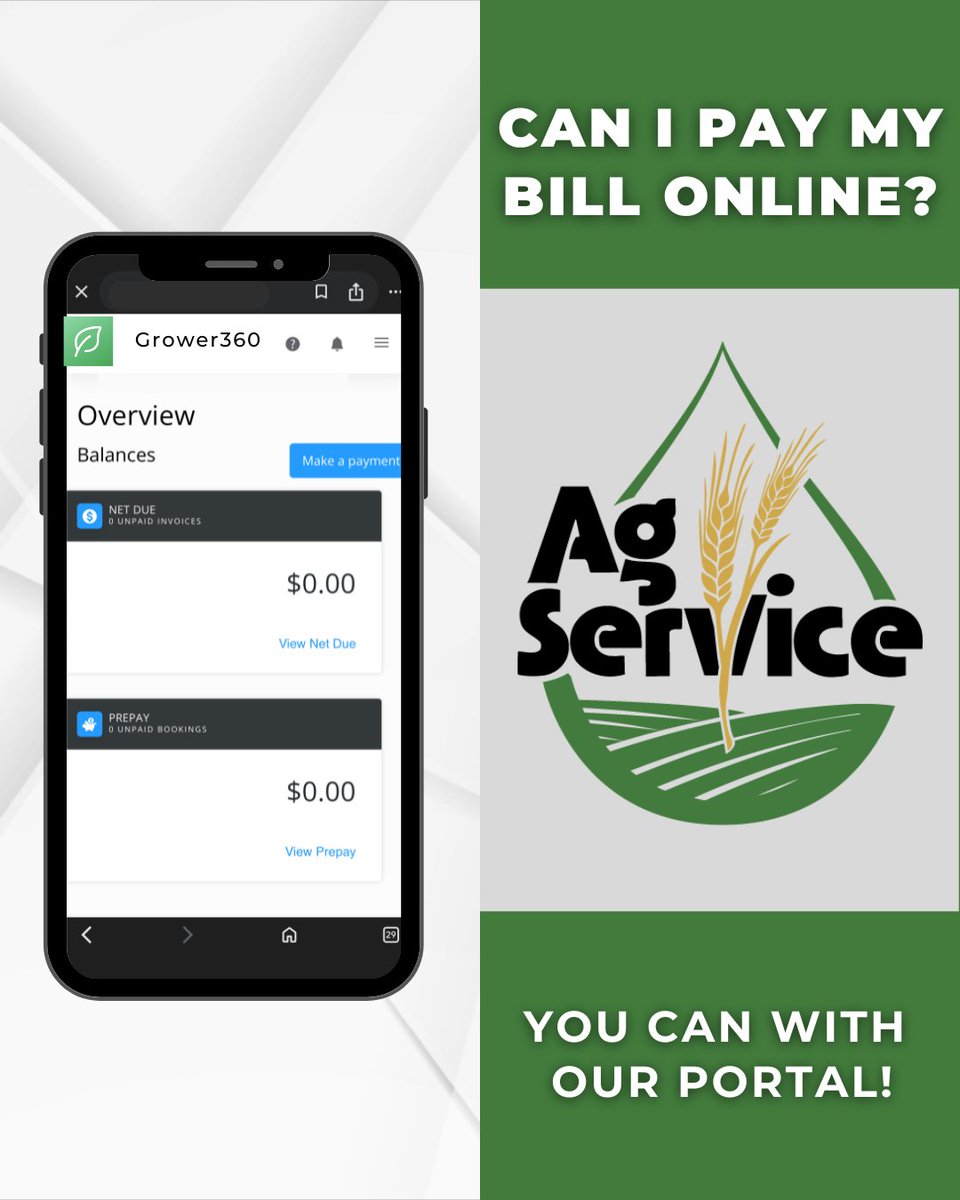 AgServiceInc2's tweet image. Did you know?! You can now pay your bill directly through our online portal.

Simple, quick and always available when you need it.

🔗agservinc.com/grower-360-sig…

#AgServiceInc #OnlinePortal #SignupNow