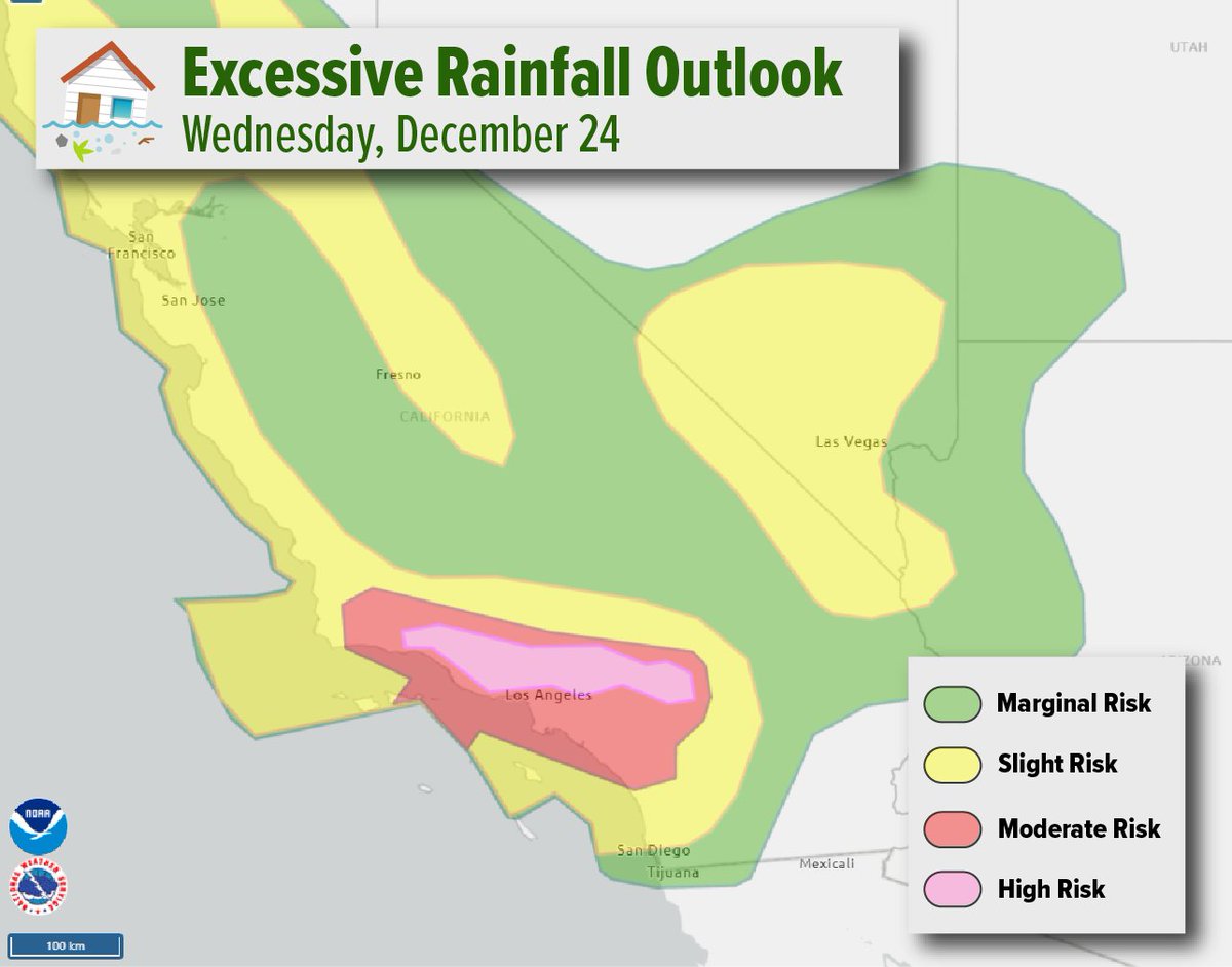 NWS's tweet image. A rare High Risk has been issued:
"The potential for high hourly rainfall totals
will accentuate runoff over soil that is relatively dry and or over recent burn scar areas. This will pose a significant threat of flash flooding, landslides, rock falls and mud slides. The greater