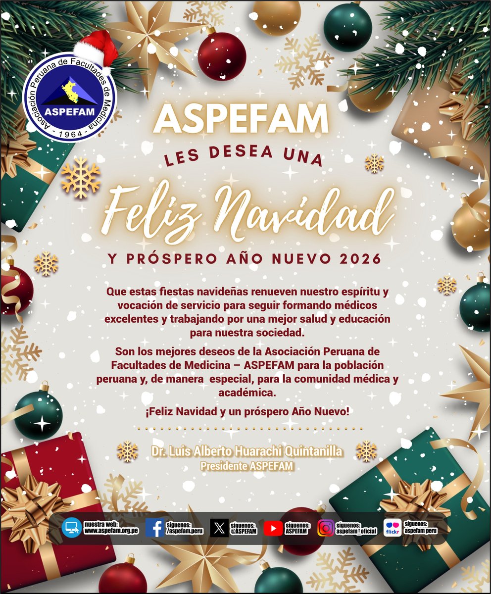 ASPEFAM's tweet image. ✅ ¡Feliz Navidad y un próspero Año Nuevo 2026!....les desea ASPEFAM
➡️ Ver saludo: goo.su/9sl2H
➡️ Noticias: aspefam.org.pe/prensa.htm
#AspefamPeru #EducacionMedica