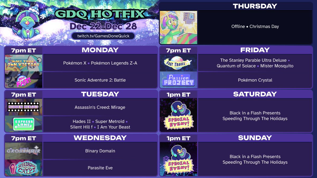 GamesDoneQuick's tweet image. We're Speeding through the Holidays this weekend with Black in a Flash on GDQ Hotfix!!! ❄️☃️

gamesdonequick.com/hotfix/schedule