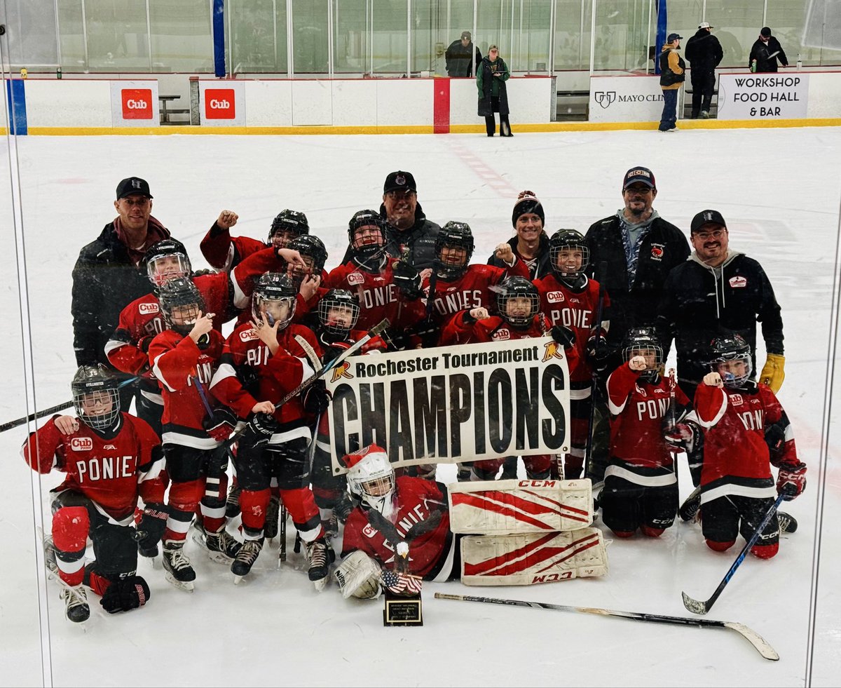sahahockey's tweet photo. Squirt C Red are the Champions of the Rochester Tournament this weekend! Eagle trophy coming home, rings earned, and memories made. Let’s go Ponies! https://t.co/jnnG3pJHHs