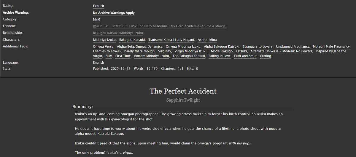 Okay, the people have spoken! And here was the winner of the exclusive Patreon story I said I'd release on Ao3.

(To read my other Patreon Exclusive stories, join my Patreon! Linked under the story)

Title: The Perfect Accident
Rating: Ex
Pair: BkDk
Wordcount: 15.4k

Link ⬇️