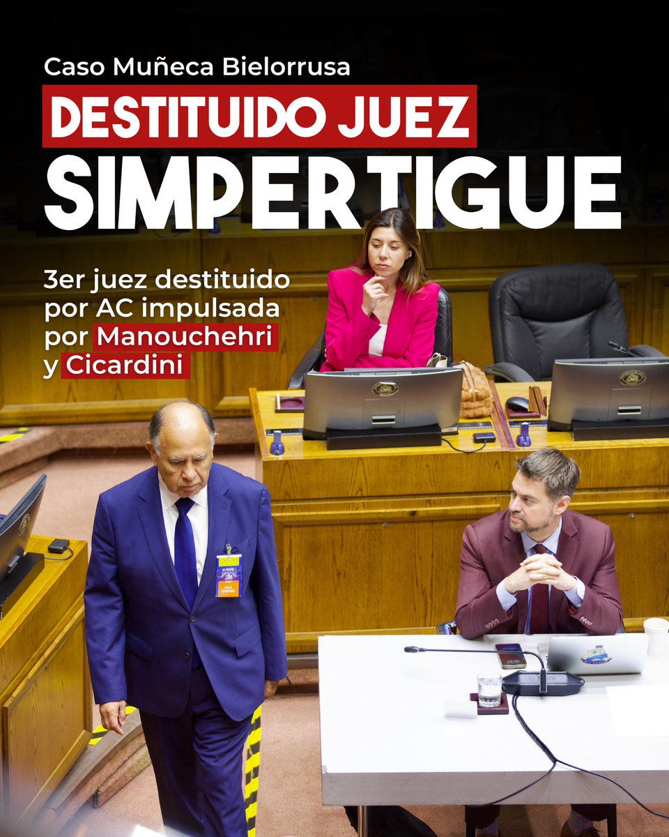 El Senado aprobó la acusación constitucional, y con el ministro Simpertigue, ya son tres los jueces destituidos, ligados a redes de corrupción, que le han hecho un daño enorme a la justicia chilena.
Vamos a seguir denunciando y empujando una limpieza profunda del Poder Judicial,