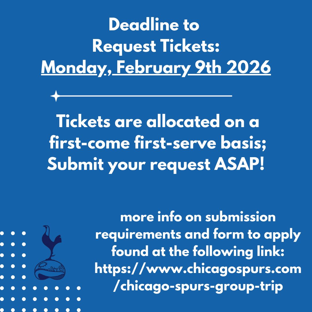 Officially announcing the 25/26 Chicago Spurs trip to London for a match at Tottenham stadium!
The deadline for ticket requests is February 9th, 2026. 
For more information on submission requirements and on how to apply, check link in bio. 
Come on you Spurs!!!!