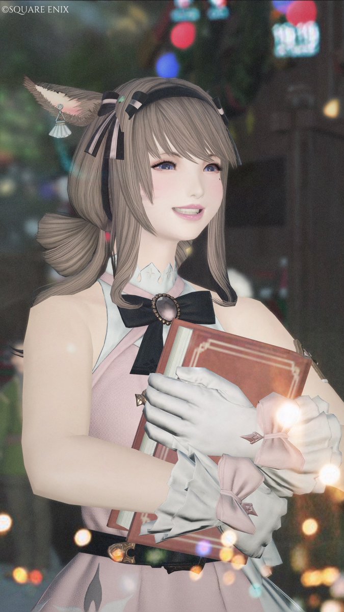 おはよう🎄

ビブラプリンセス、ミラプリしました！
サンドリアのヒラリボン🎀を使ってみたよ♪リンボ・ヒーラーイヤリングも初使用✨
ピュアホワイト、パスピン、ジェットブラック多用😆
リプに全身貼りました👇

聖夜🎅ももうすぐですね！
行ってらっしゃい👋　
#FF14SS #ミコッテ #FF14