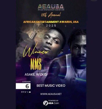 0nly1Virgo's tweet image. 2025 Winners for the AEAUSA 🇺🇸 Awards

▫️Best Male Artist (Wizkid)
▫️Album Of The Year (Morayo)
▫️Best Music Video (MMS)
▫️Best DJ Of The Year (DJ Tunez)
▫️Best Manager Of The Year (Jada Pollok) 🏆

— BIG Wiz with Big Wins 🏆