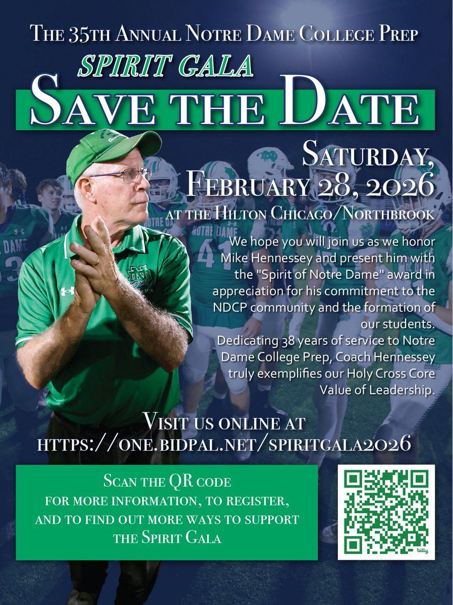 nddons's tweet image. Tickets are now available! The 35th Annual Spirit Gala will be held on February 28, 2026.  Join us as we celebrate A Legacy of Leadership and honor longtime NDCP legend, Coach Mike Hennessey.

Tickets, sponsorship &amp;amp; ad book info ⬇️

tinyurl.com/48kbn2mw