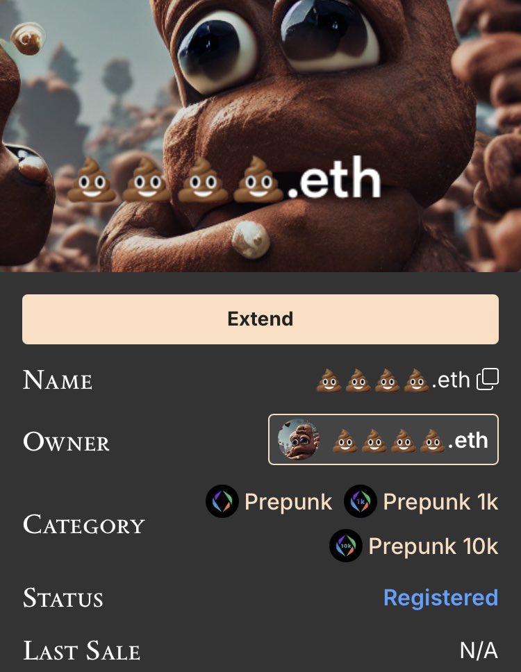 INVEST0RS's tweet photo. The first 4,5, and 6 character length ENS domains have emojis and were registered in 2017, despite 3-6 character not being officially released until 2019 in the ENS short names auction.👀

💩💩💩💩.eth/Prepunk 1k
Ni🅱️🅱️a.eth/Prepunk
🐙puppy.eth/ Prepunk 10k

Historical anomalies. https://t.co/VlH1g7fx6s