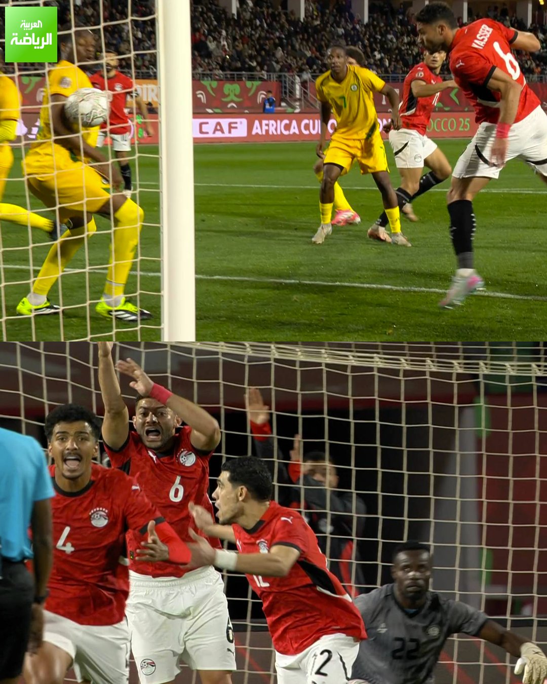 لاعبو منتخب مصر يطالبون بركلة جزاء لكن حكم المباراة يعلن استمرار اللعب. مصر 0 زيمبابوي 1. كأس أمم إفريقيا. ملعب أدرار 