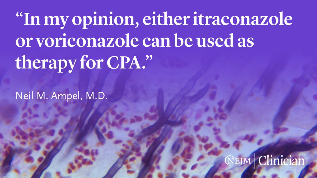 NEJMClinician's tweet image. Current guidelines recommend either itraconazole or voriconazole as first-line therapy for chronic pulmonary aspergillosis (CPA), but direct head-to-head comparisons are lacking. See what the latest research says: jwat.ch/4qiCoq3 #IDTwitter