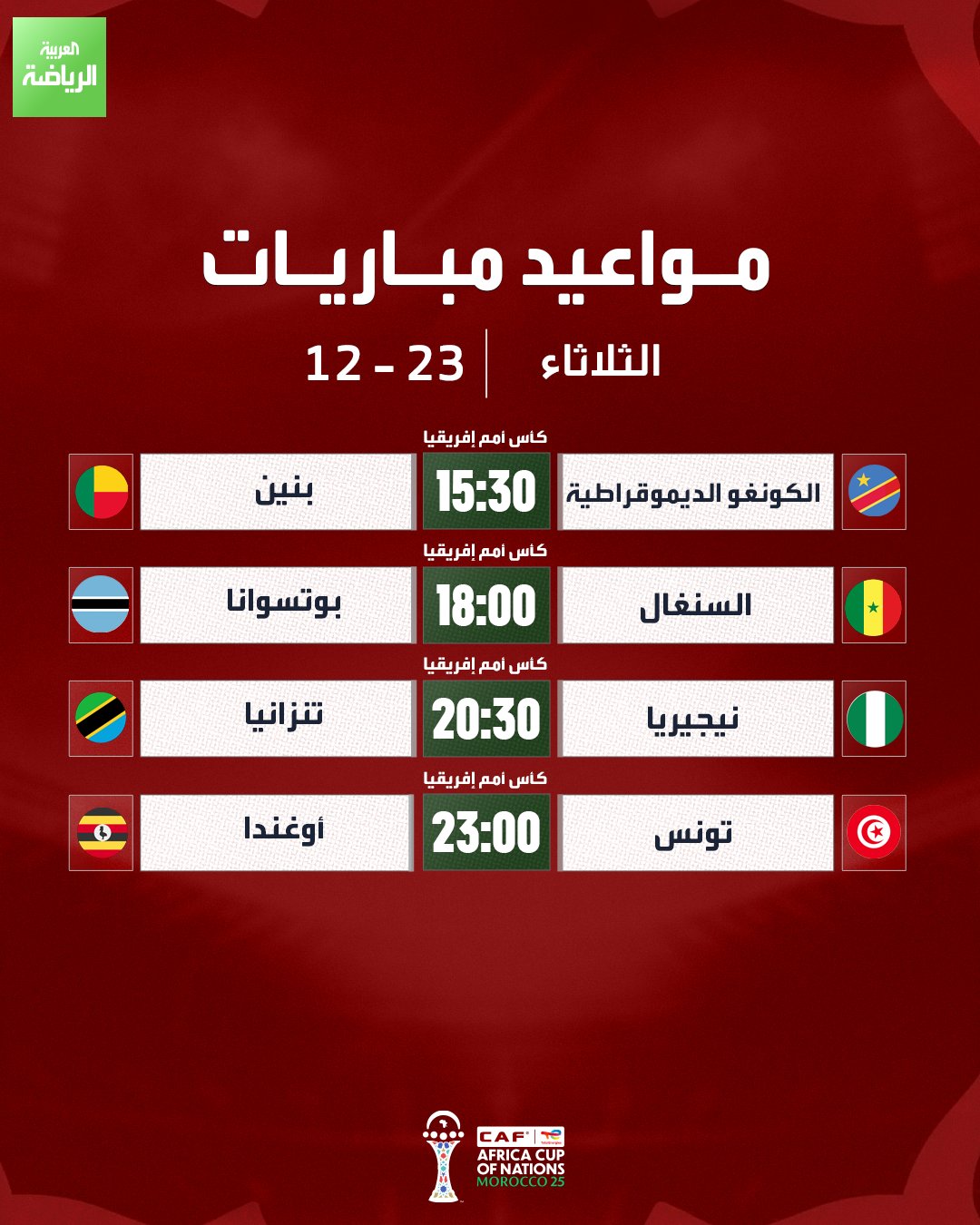 مباريات اليوم - كأس أمم إفريقيا. الكونغو الديموقراطية تواجه بنين، والسنغال تلعب مع بوتسوانا. نيجيريا تقابل تنزانيا، وتونس تفتتح مشوارها في البطولة أمام أوغندا 