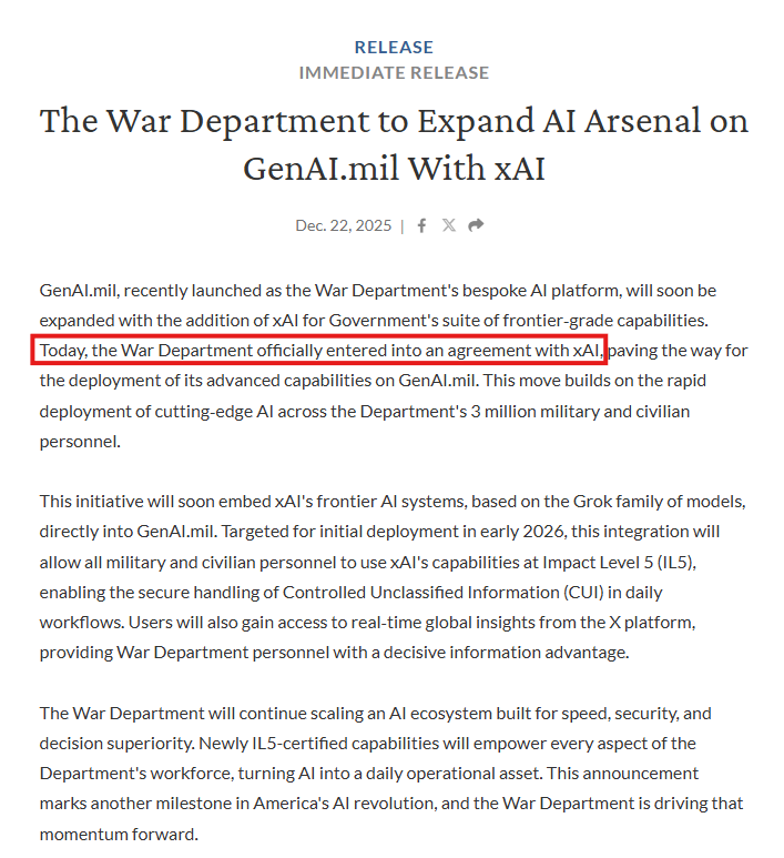 📉KOBEISSI: Accordo tra il Dipartimento della Guerra degli Stati Uniti e xAI di Elon Musk