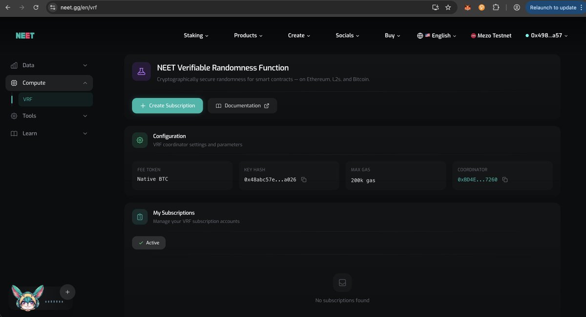 🚀 NEET VRF is now live on the <a href="/MezoNetwork/">Mezo</a> testnet.
Cryptographically secure randomness for smart contracts — on Ethereum, L2s, and Bitcoin.

NEET.gg/en/vrf

<a href="/NEETLabz/">𝗡𝗘𝗘𝗧</a>