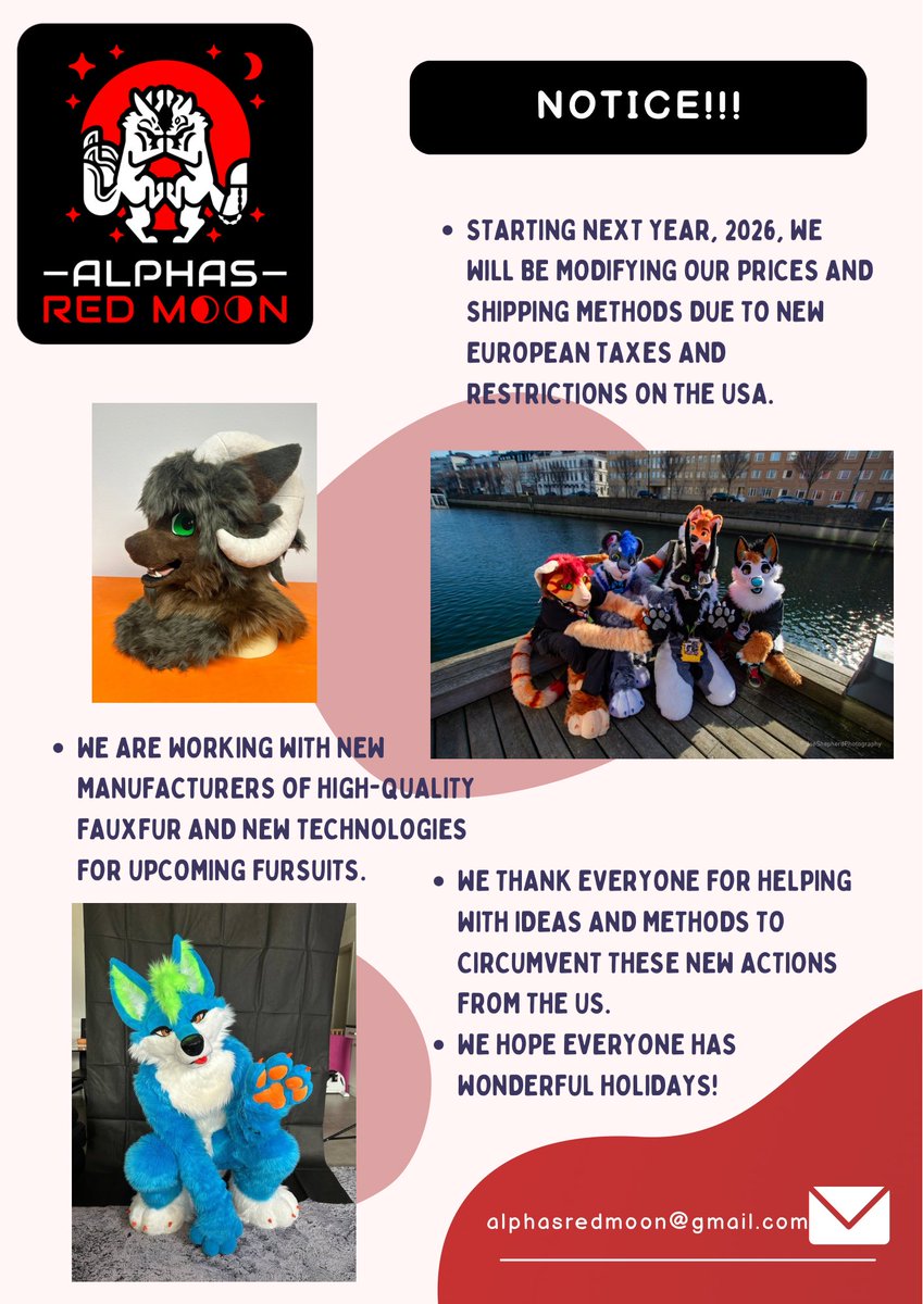 AlphasRedMoon's tweet image. Important notices for next year.
Due to various changes in rates and agreements between the US and Europe, we are modifying our fursuit prices, shipping, and agreeing on new, high-quality faux fur manufacturers. We will announce our new prices soon. 🇨🇭🐺🧵✂️🪡🦊🇯🇵🇨🇳🇰🇷