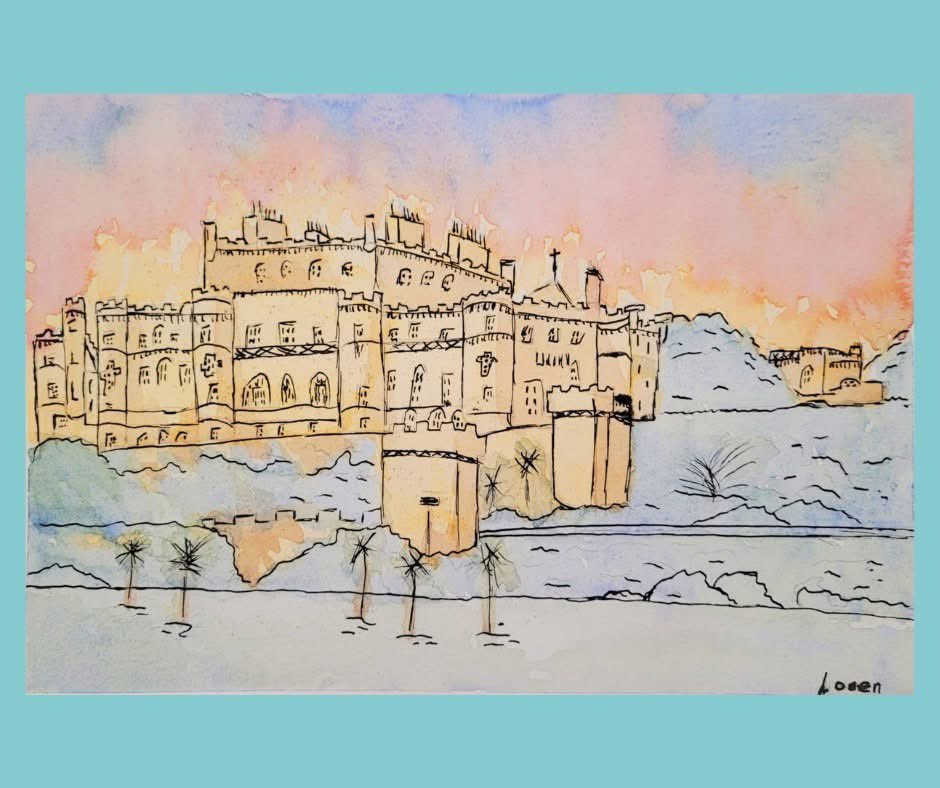 This wonderful painting is by 13 year old Loren Flanagan.

Loren attends our level 2 class where they have spent the last two classes creating this fantastic A4 painting of Culzean Castle. Loren then used a dip pen and ink to finish her work off perfectly.