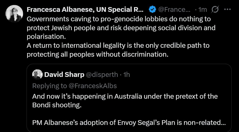 Francesca Albanese is now speaking directly to you, <a href="/AlboMP/">Anthony Albanese</a> <a href="/SenatorWong/">Senator Penny Wong</a> <a href="/ChrisMinnsMP/">Chris Minns</a>.

Authentic leaders would listen and act accordingly to prevent such outcomes and respect international laws. That rules you lot out then. #auspol #Bondi #GazaGenocide