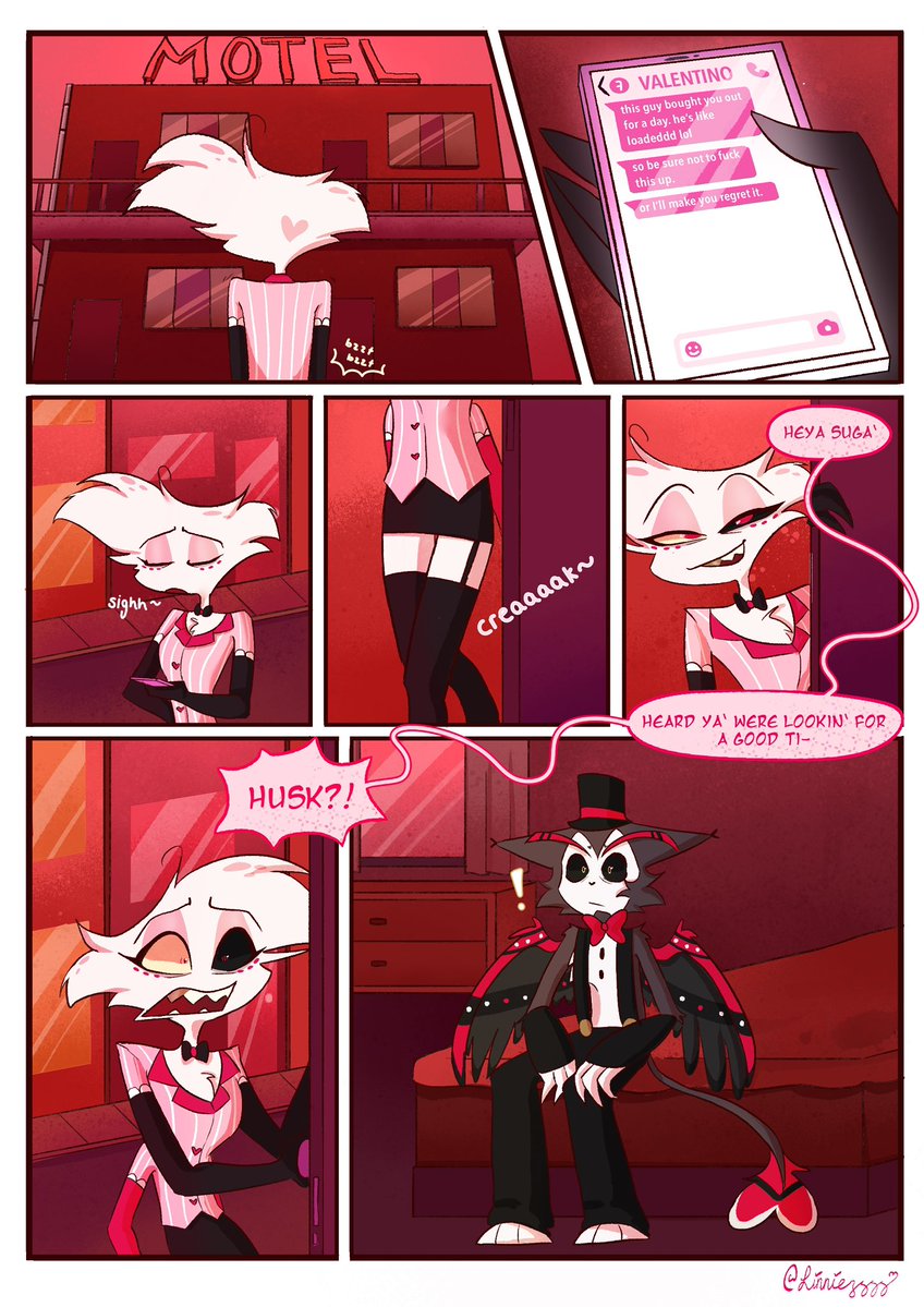 I think my tweets don’t show up anymore :,)

oh well here is part 1/10 of my new comic that doesn’t have a name yet 
after angel leaves the hotel, he meets up with a very familiar face during his shift 

#HazbinHotel #huskerdust #HazbinHotelFanart #HazbinHotelHusk #angeldust
