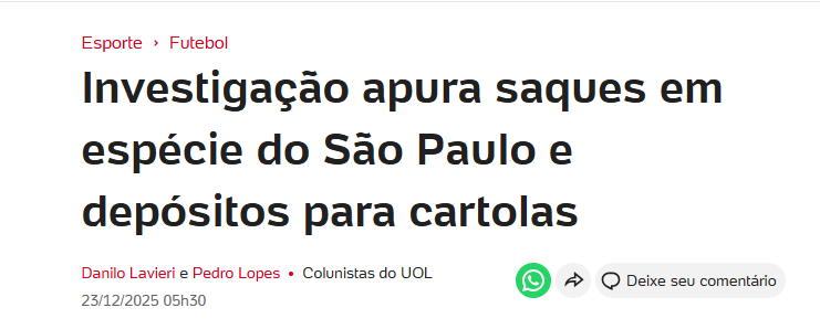 pedrolopesg's tweet photo. Investigação no São Paulo apura saques volumosos de dinheiro e depósitos em espécie na conta de dirigentes. Com o amigo e monstro @danilolavieri https://t.co/CsV2NrFNzb https://t.co/fgNpcW7sfB