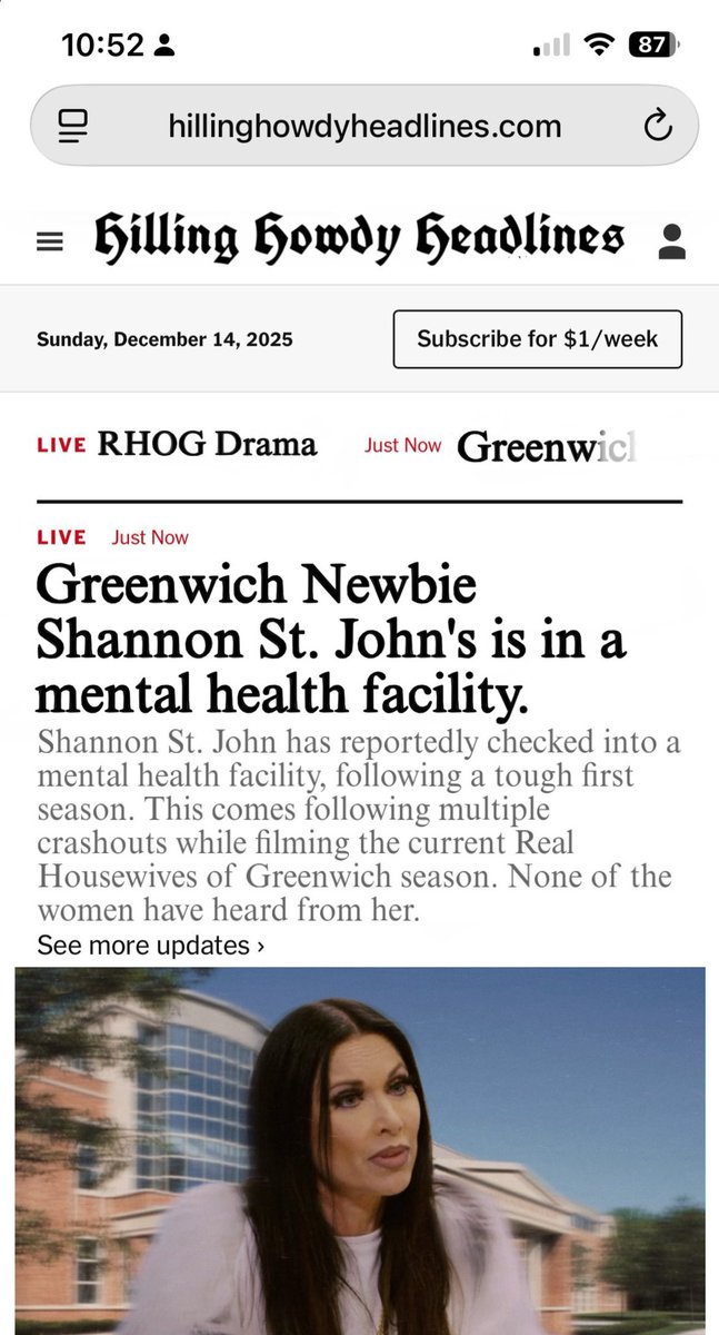 OmgHeyEstelle's tweet photo. An insider source confirms that Real Housewives of Greenwich newbie @Shannon_StJohn_ has gone to a mental health facility. During this time letโs pray for her, and hope she gets better. โค๏ธโค๏ธ#RHOG #MentalHealth #HillingHowdyHeadlines #HHH https://t.co/wGYPunyVek