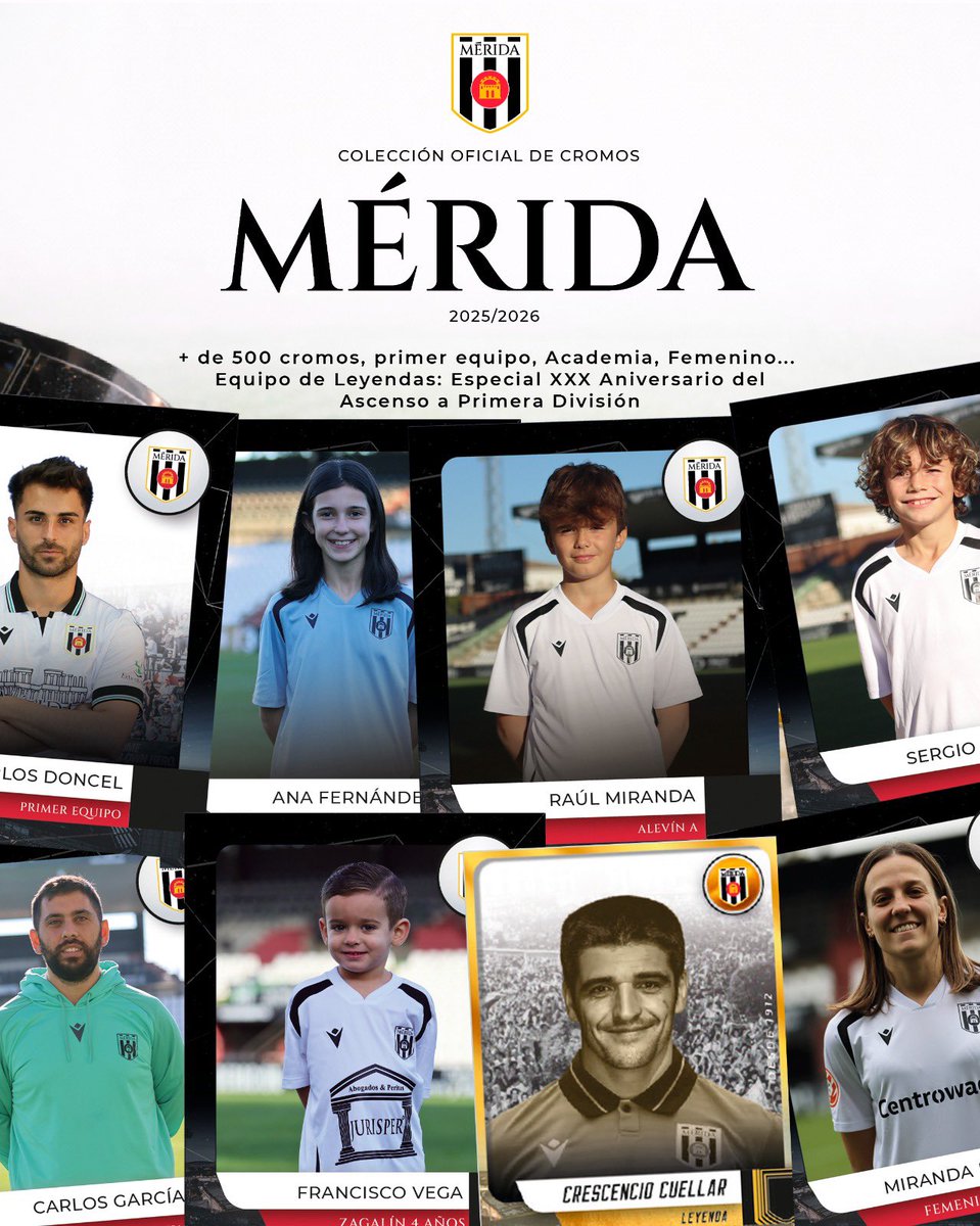 Merida_AD's tweet photo. ⚽️ 𝐀́𝐥𝐛𝐮𝐦 𝐝𝐞 𝐜𝐫𝐨𝐦𝐨𝐬 𝟐𝟓/𝟐𝟔 |

➡️ Primer equipo
👦🏻 @Academia_Merida 
👧🏻 @Merida_femenino 
⚔️ @meridadisports 
🌟 Equipo de leyendas: XXX aniversario del ascenso a Primera División 

🎁 Álbum gratuito 
✉️ Sobre de cromos: 1€

💥 Desde mañana disponible en la Tienda Oficial