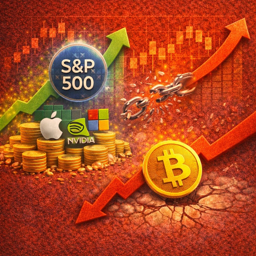 BITCOIN BREAKS CORRELATION WITH EQUITIES AS STOCKS HIT RECORD HIGHS Bitcoin  has diverged from its usual correlation with equities, lagging behind as  the S&P 500 reached record highs and major technology stocks