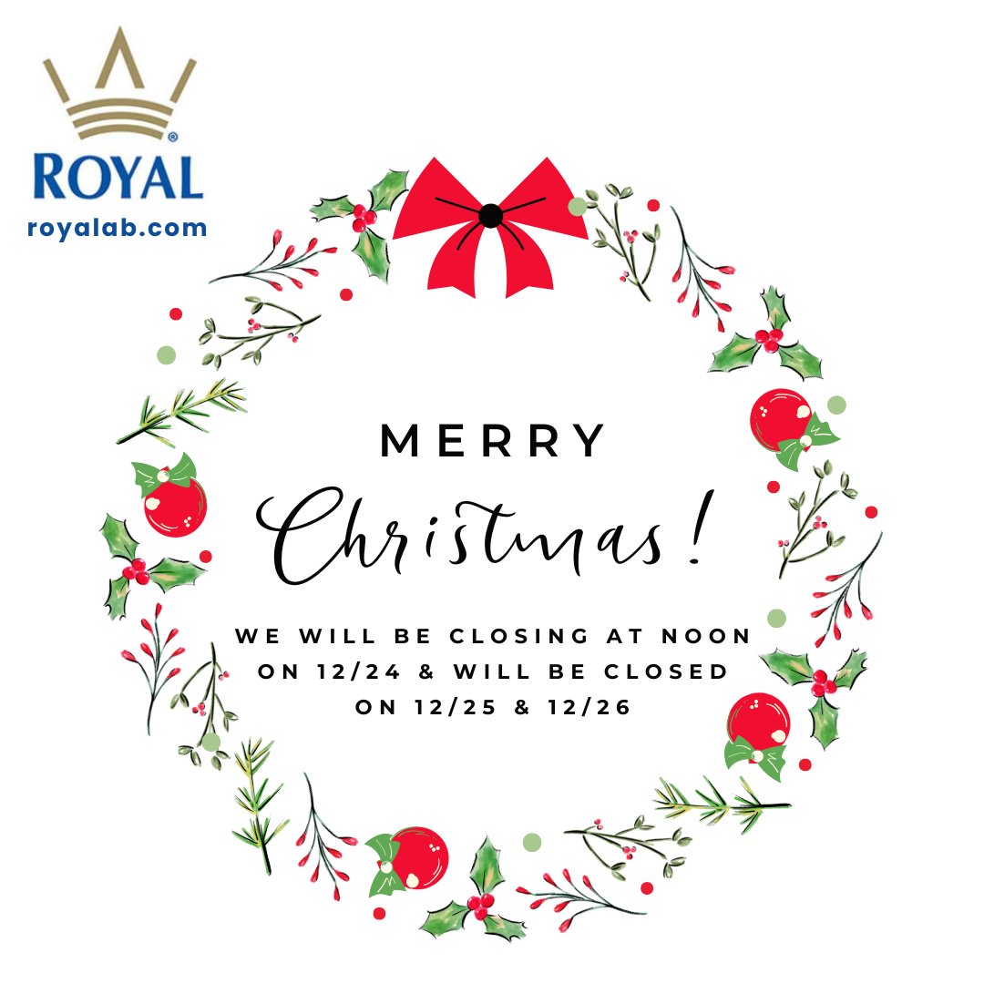 All Royal locations will close at noon on Christmas Eve, December 24, and will be closed on Christmas Day, December 25, and on Friday, December 26. Merry Christmas! 🎄🎅🤶