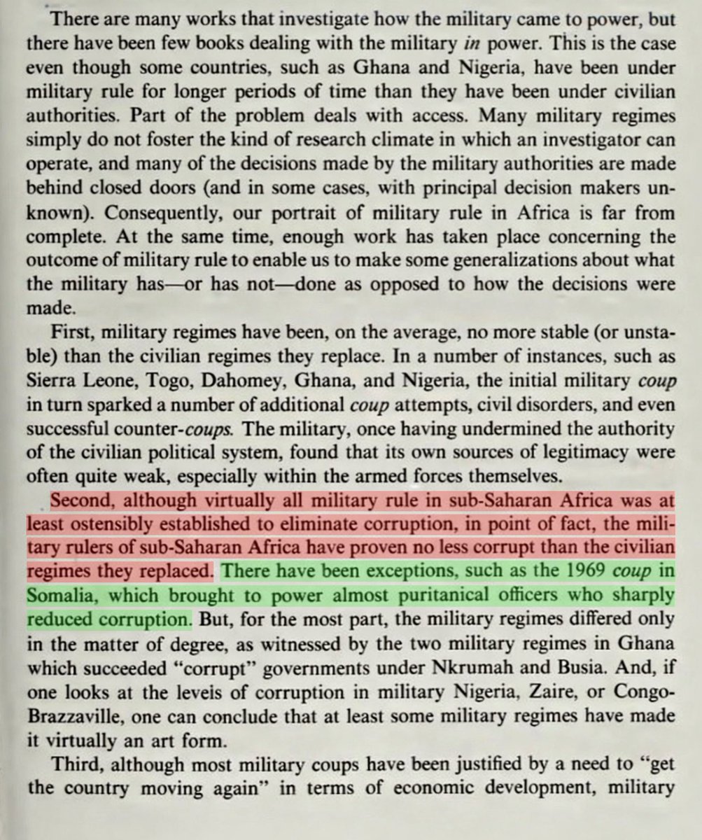 LtKhalifa's tweet image. Scholars critical of military rule argue that African military governments were often as corrupt as their civilian predecessors. 

However, Somalia under Siad Barre is singled out as an exception to this pattern.

“𝘛𝘩𝘦𝘳𝘦 𝘩𝘢𝘷𝘦 𝘣𝘦𝘦𝘯 𝘦𝘹𝘤𝘦𝘱𝘵𝘪𝘰𝘯𝘴, 𝘴𝘶𝘤𝘩 𝘢𝘴…