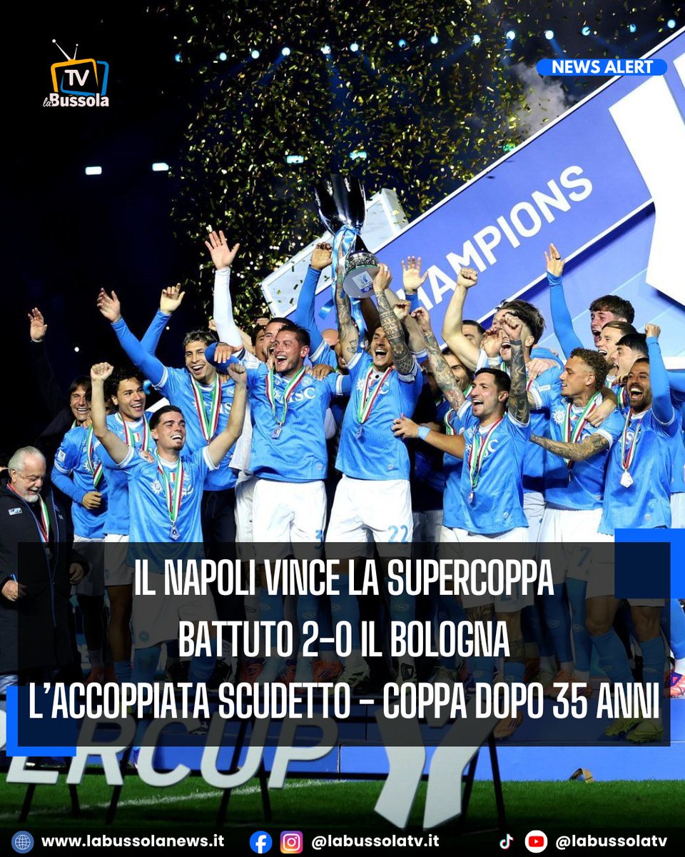 IL NAPOLI VINCE LA SUPERCOPPA!!! 

Gli azzurri hanno dominato in lungo e in largo per tutti i novanta minuti. David Neres rifila una doppietta al Bologna.

Era dall'epoca di Maradona che il Napoli non conquistava l'accoppiata Scudetto e #Supercoppa

#NapoliBologna